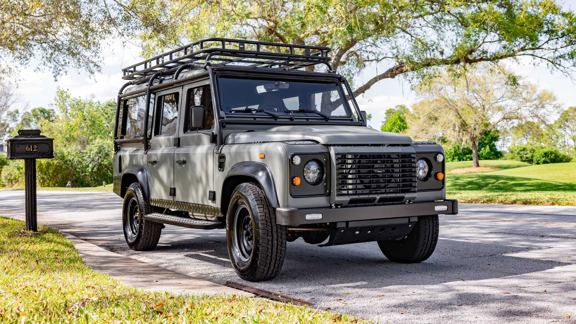 A classic Land Rover Defender 110, restored and converted to electric power